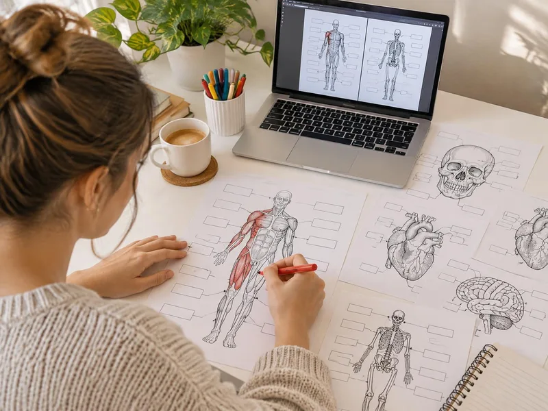 Estudiante imprimiendo y coloreando láminas de anatomía